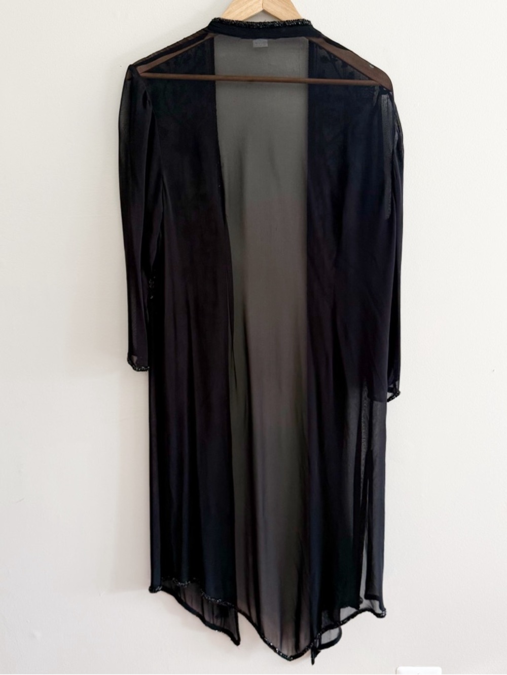 Parisline 90s Sheer Black Beaded Evening Long Duster Jacket Medium - Picture 9 of 9